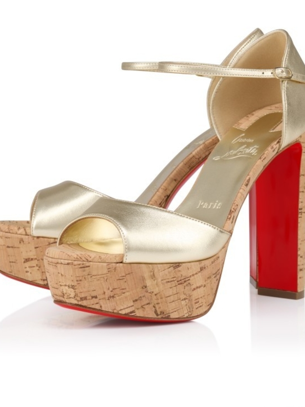 NEW Auth Christian Louboutin - Gold Leather Cork Platform Sandals